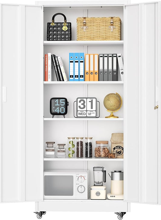 INTERGREAT Metal Storage Cabinet with Wheels, 73" H Rolling Metal Cabinets with Doors and Shelves,White Steel Lockable Cabinet on Wheels for Garage Storage