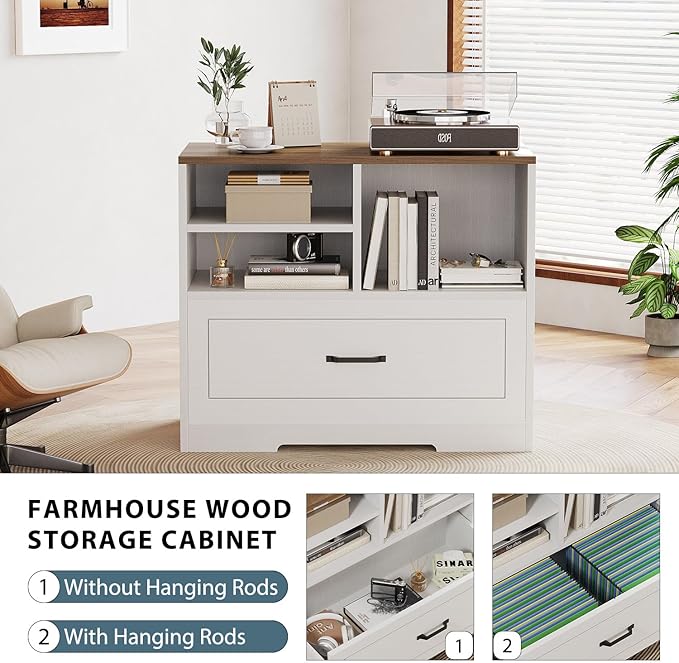 LVB Wood Lateral File Cabinet with Drawer, Wide Filing Cabinet for Letter/Legal/A4/F4 Size, Farmhouse Office Storage File Cabinet Printer Stand with Open Shelf in Home, 32.7 Inch, White and Rustic Oak