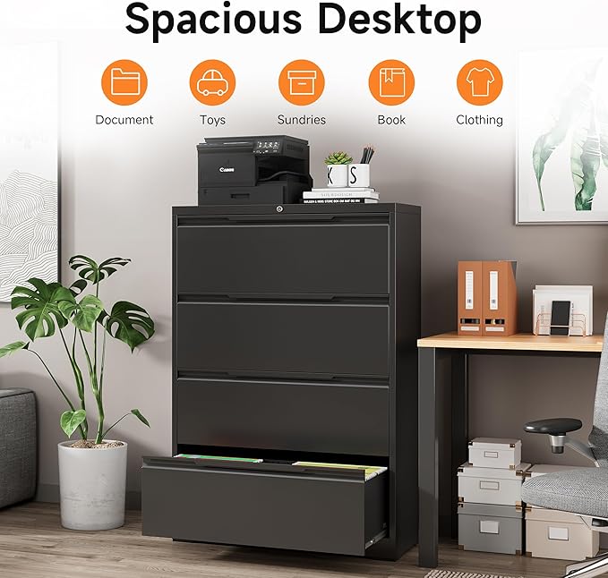 Coolsun Metal Lateral File Cabinet, 4 Drawer File Cabinet with Lock, Wide Filing Cabinet for Home Office, Locking Storage Cabinet for Hanging A4/F4/Letter/Legal, Assembly Required (Black, 4 Drawer)