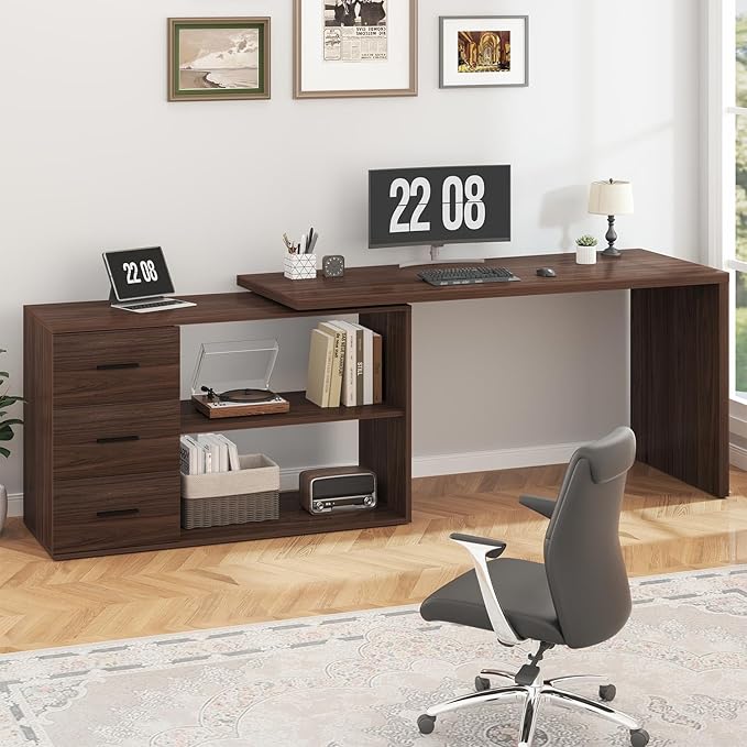 HSH 360 Rotating L Shaped Desk with Drawers, Walnut L Shape Computer Desk with Storage Cabinet Shelves, Rustic Home Office Desk for Executive Writing Study Work, Swivel Desk Wood Table, 55 Inch