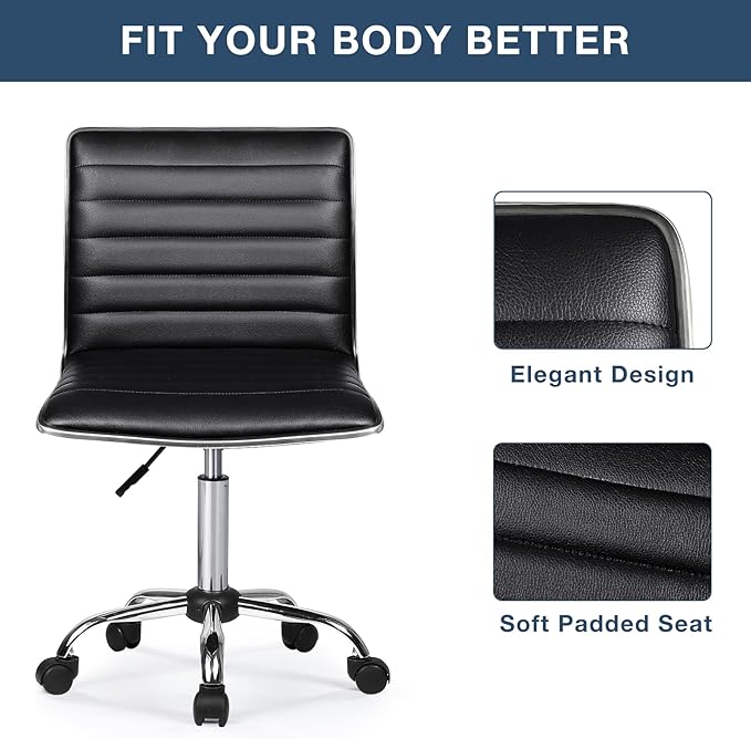BOSSIN Adjustable Home Office Chair, Mid-Back Armless Ribbed Swivel Task Chair,Vanity Chair for Small Space, Living Room, Make-up, Studying (Black)
