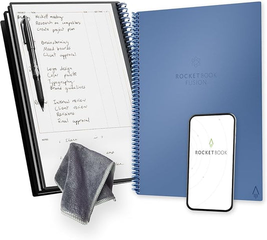 Rocketbook Fusion Reusable Undated Productivity Planner, Letter Size 8.5x11, Steel Blue - Goals, Monthly and Weekly Calendar, Daily To-do List, Lined and Dotted Notes Pages