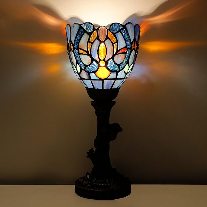 Small Tiffany Lamp Mini Stained Glass Table Lamp Blue Liaison Accent Desk Uplight W6 H13.5 Inch Bronze Resin Base