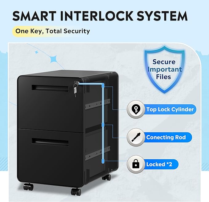 DEVAISE 2-Drawer Rounded Corner Metal File Cabinet with Lock, Mobile Filing Cabinet Under Desk for Home Office, Fully Assembled Printer Stand fits Letter/Legal Size, Black, 20" D x 15.8" W x 25" H