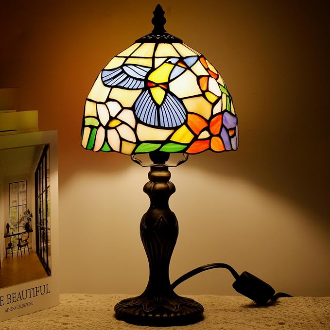 Small Tiffany Lamp Stained Glass Table Lamp Mini Desk Accent Light for Bedroom Bedside Reading Home Antique Style Decor 8X15 Inches (Hummingbird)