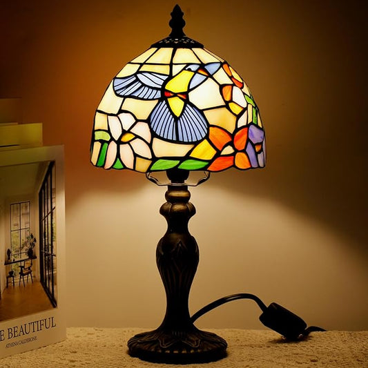 Small Tiffany Lamp Stained Glass Table Lamp Mini Desk Accent Light for Bedroom Bedside Reading Home Antique Style Decor 8X15 Inches (Hummingbird)