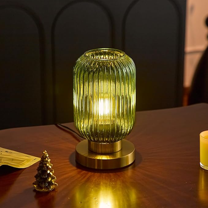 Modern Green Ribbed Glass Table Lamps Mid Century Bedside Light Small Nightstand Lamp with Plug-in Style, E26 Night Lighting for Bedroom Living Room Tabletop