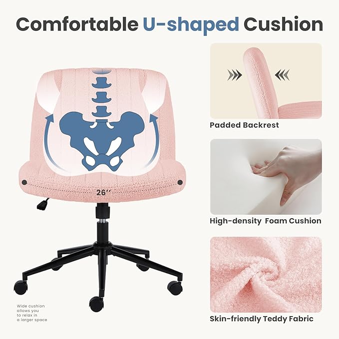 DUMOS Criss Cross Chair with Wheels, Wide Cross Legged Office Desk Vanity Chairs, Armless Adjustable Swivel Chairs for Home Computer Task, Teddy Pink