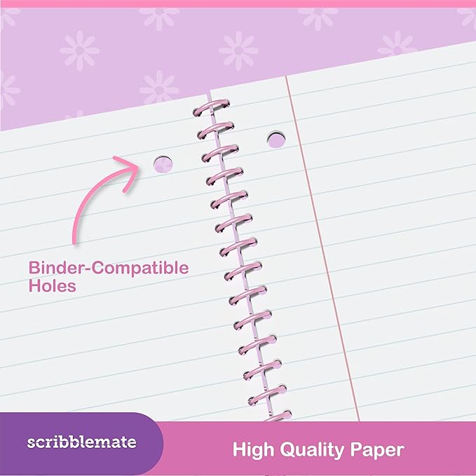 Wide Ruled Spiral Notebook, Adorable 1 Subject Notebooks for kids 100 Sheets/200 Pages, Perforated 3-Hole Punched Sheets with Interior Paper Pocket 8x10.5 Inch (6 Pack)