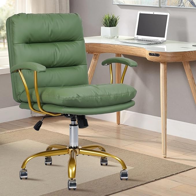 Leather Home Office Desk Chair, Mid-Back Vanity Chair Make Up Chair with Gold Wheels & Removable Armrests, Rolling Swivel Computer Task Chair for Office Bedroom Living Room Girls Women, Green
