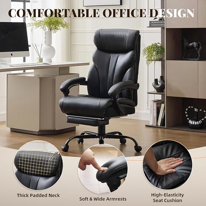 Leather Home Office Chair with Foot Rest,500lbs Big and Tall Ergonomic Desk Chair,360°Swivel Free,90°-155°Recline,43"- 47" Height Adjustable,Silent 360° Casters for Home Office Computer Desk