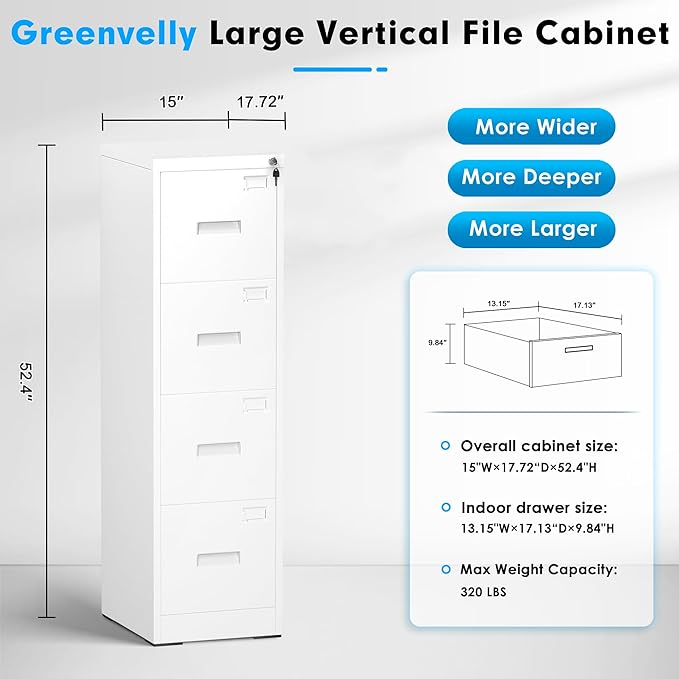 Greenvelly 18" D File Cabinet, 4 Drawer Vertical File Cabinet with Lock, Locking Filing Cabinet for Home Office, White Metal File Cabinet for Hanging Letter/Legal Folders, Easy Assemble