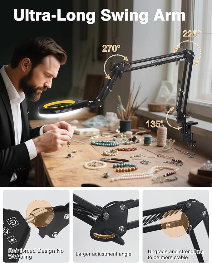 10X & 5X Magnifying Glass with Light, Ultra Long Swing Arm, 5 Colors & 10 Brightness, Real Glass Lens Large Magnifying Lamp for Craft Painting Workbench Jewelry Making Hobby Close Work (Yellow)