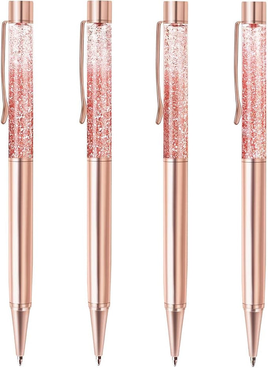 ZZTX 4 Pcs Rose Gold Ballpoint Pens Metal Pen Cute Bling Dynamic Liquid Sand Pen With Refills Black Ink Office Supplies Gift Pens For Christmas Wedding Birthday