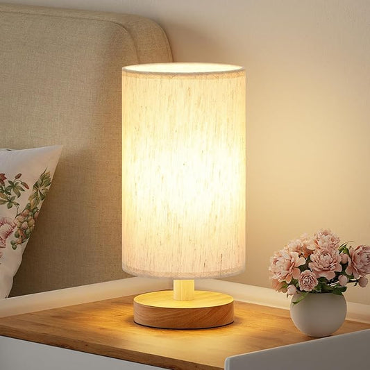 Small Table Lamp for Bedroom - Inline Control, Bedside Lamp with 3000K A15 LED Blub, Easy Assembly (Cream Shade - Wood Base, 9" Inline Control)