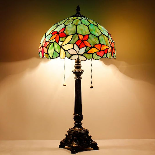 Tiffany Table Lamp Red Yellow Green Flowers Stained Glass Desk Lamp 12X12X21 Inches Reading Light