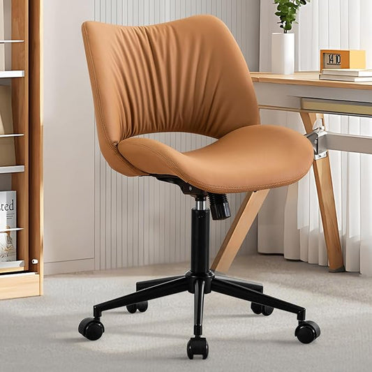 Rowill Armless Office Desk Chair, Ergonomic PU Leather Modern Task Chair with Back Adjustable Height, 360° Swivel Vanity Chairs with Wheels for Small Space, Home Office, Bedroom, Mustard Yellow