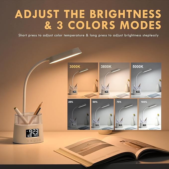 Led Desk Lamp with Pen Holder, Touch Lamps for Nightstand with 3 Color Modes, Eye-Caring Bedside Reading Light with Clock, Office Lamps Stepless Dimming, Lamp for Dorm Room, Suitable for Kid/Girl/Boy