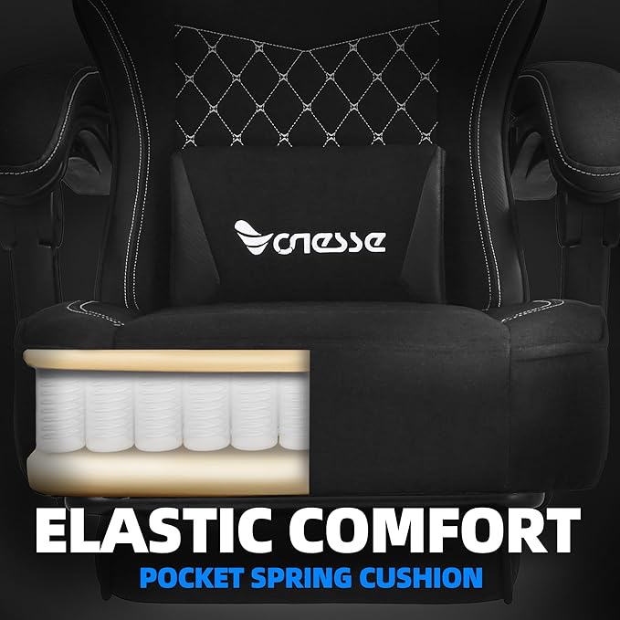 Vonesse Gaming Chair, Computer Chair Fabric with Pocket Spring Cushion, Office Chair with Footrest and Massage Lumbar Support, Reclining Gaming Chairs for Adults 250LBS (Black)