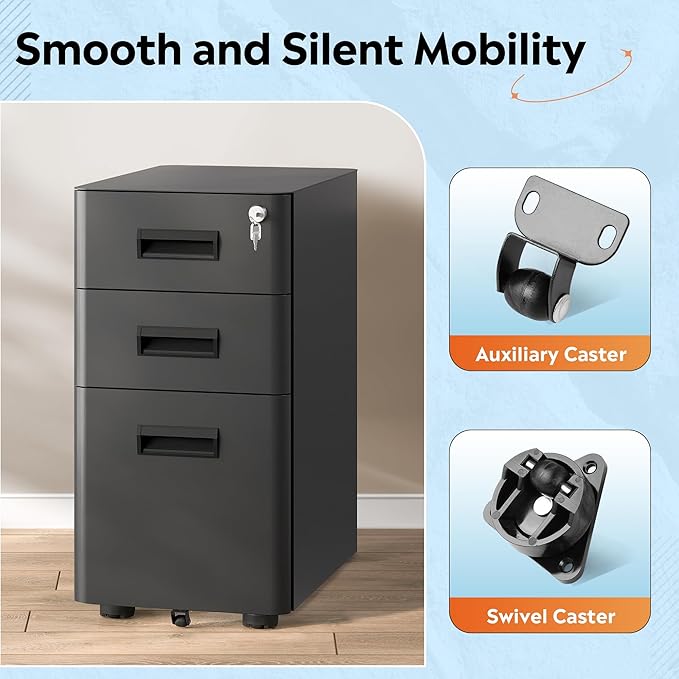 DEVAISE 3-Drawer File Cabinet, Black Locking Filing Cabinet on Wheels, Fully Assembled Mobile File Cabinet for Office Home, 17.7" D x 11.8" W x 22.8" H