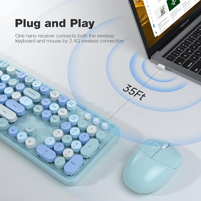 Wireless Keyboard and Mouse Combo - GEEZER Sky Blue Full-Sized Colorful Keyboard 104 Keys - USB 2.4 G Receiver Plug Play with Round Keycap Typewriter Keyboards, for Windows, PC, Laptop, Desktop