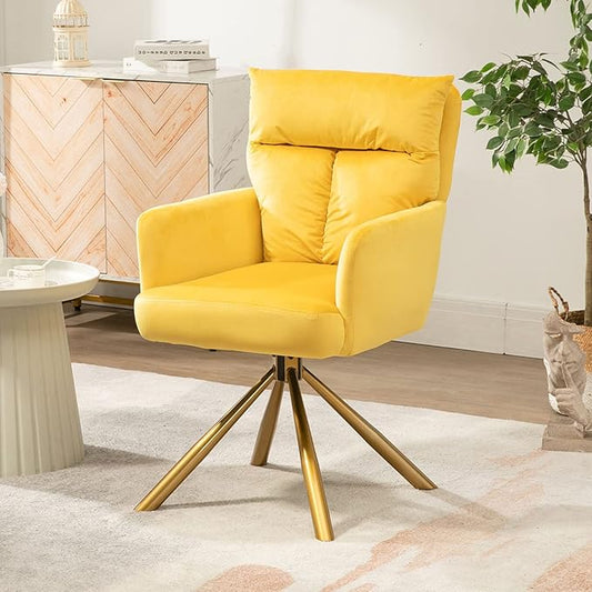 Velvet Office Desk Chair No Wheels, Modern Vanity Chair with Gold Legs, Wide Seat Computer Task Chair for Home Office (Yellow)