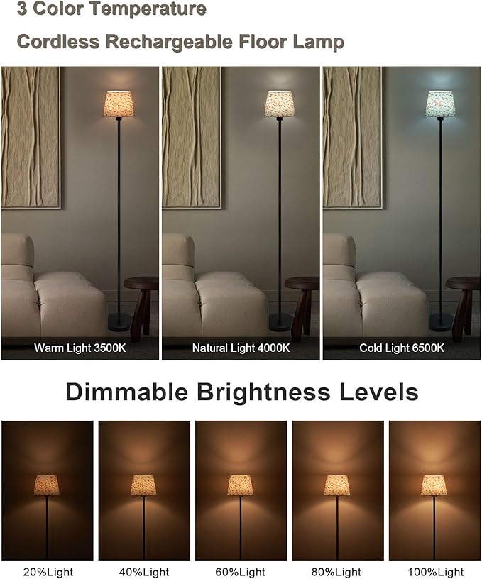 UMEXUS Cordless Rechargeable Floor Lamp for Bedroom, 57" Battery Operated Dimmable Floor Lamp, Small Corner Standing Light with Remote & Timer Portable Bedside Outdoor Patio Kids Room Ambient Lighting