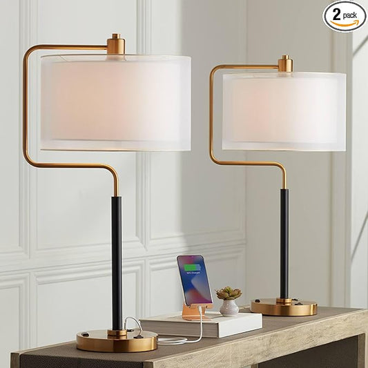 Possini Euro Design Carlyle 30 1/2" Tall Large Mid Century Modern Glam Luxe Desk Lamps Set of 2 USB Port AC Power Outlet Gold Black Metal White Shade Home Office Living Room Charging Bedroom Bedside