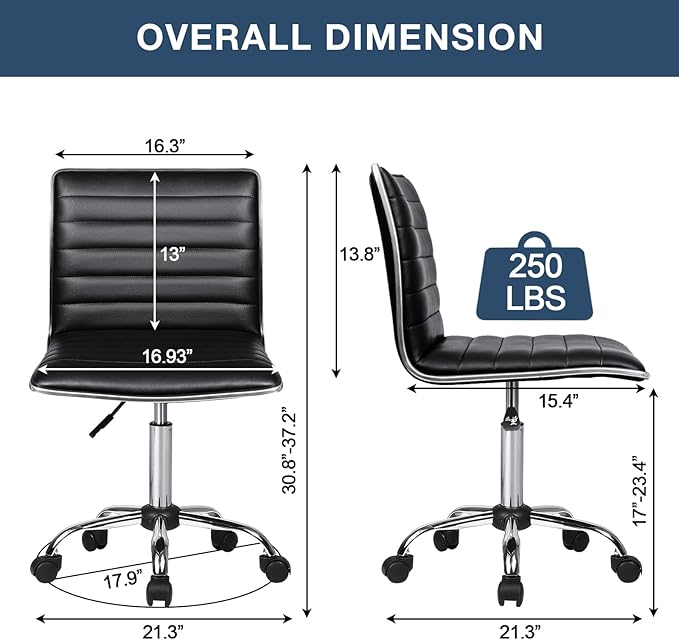 BOSSIN Adjustable Home Office Chair, Mid-Back Armless Ribbed Swivel Task Chair,Vanity Chair for Small Space, Living Room, Make-up, Studying (Black)