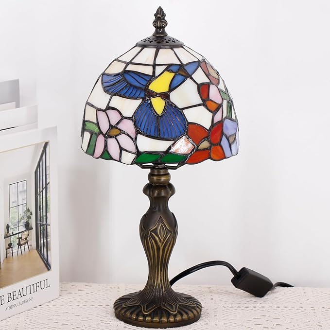 Small Tiffany Lamp Stained Glass Table Lamp Mini Desk Accent Light for Bedroom Bedside Reading Home Antique Style Decor 8X15 Inches (Hummingbird)