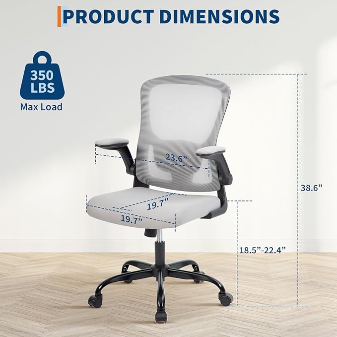 Office Chair – Ergonomic Desk Chair, Adjustable Lumbar Support, Flip-Up Armrests, Mesh Computer Desk Chair, Swivel Rolling Executive Gaming Chair for Home & Office (Gray)