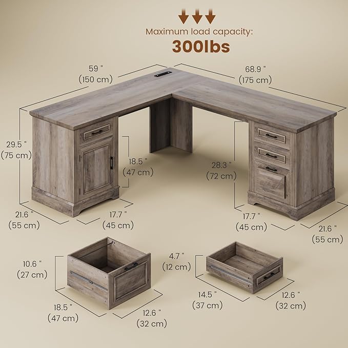 Itaar Farmhouse L Shaped Desk, Executive Computer Desk with Drawers and Storage Cabinet, Home Office Desk with File Drawer and Power Outlet, Corner Desk, Workstation for Office Home, Grey