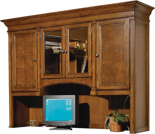 Hekman Furniture Urban Ash Burl Executive Deck – Traditional Office Hutch with Adjustable Shelves, Glass Doors, Task Lighting & Wire Management Classic Burl Wood Desk Storage for Home Office