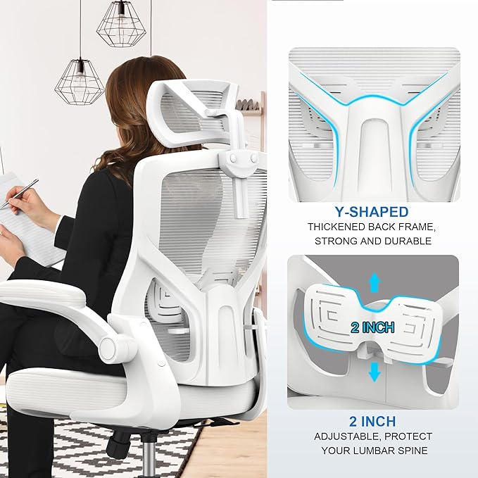 Home Office Chair, Ergonomic Comfy Desk Chair, High Back Computer Chair- Adjustable Headrest with Flip-Up Arms, Lumbar Support, Swivel Executive Task Chair (Modern, White)