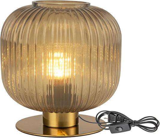 Ribbed Glass Table Lamp, Mid Century Modern Gold Bedside Lamp Brass Desk Lamp for Bedroom Nightstand Living Room Study Office (7.9-inch Smoke Gray)