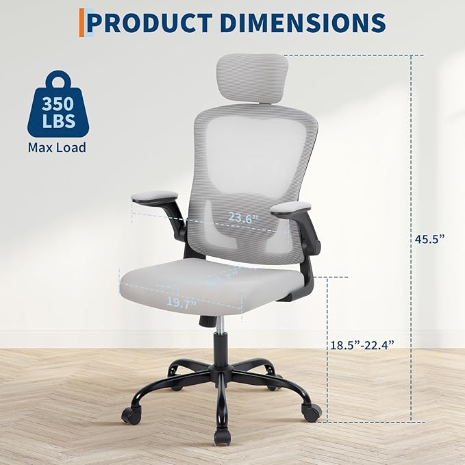 Office Chair – Ergonomic Desk Chair, Adjustable Lumbar Support and Headrest, Flip-Up Armrests, Mesh Computer Desk Chair, Swivel Rolling Executive Gaming Chair for Home & Office (Gray)