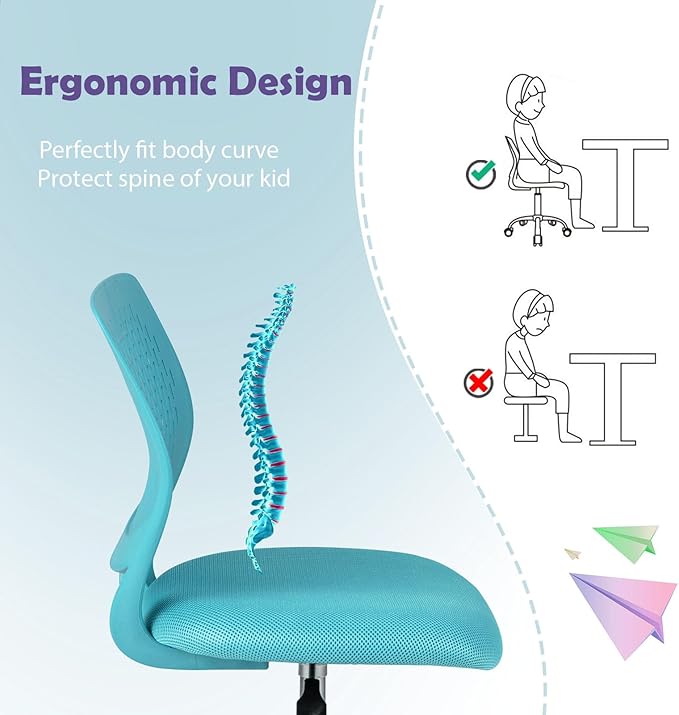 POWERSTONE Small Home Office Desk Chair, Swivel Rolling Study Computer Chair, Adjustable Height Task Chair with Armless Mid Back, Upholstered Mesh Seat,Turquoise