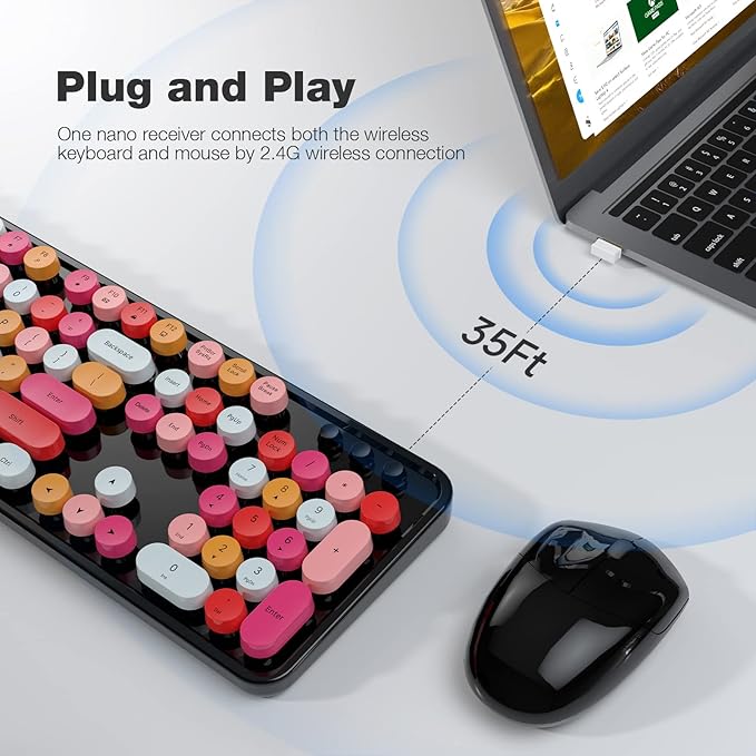 Wireless Keyboard and Mouse Combo - GEEZER Coal Black Full-Sized Colorful Keyboard 104 Keys - USB 2.4 G Receiver Plug and Play with Round Keycap Typewriter Keyboards, for Windows, PC, Laptop, Desktop