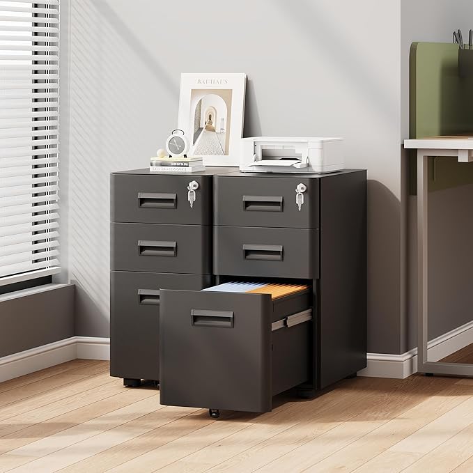 DEVAISE 3-Drawer File Cabinet, Black Locking Filing Cabinet on Wheels, Fully Assembled Mobile File Cabinet for Office Home, 17.7" D x 11.8" W x 22.8" H