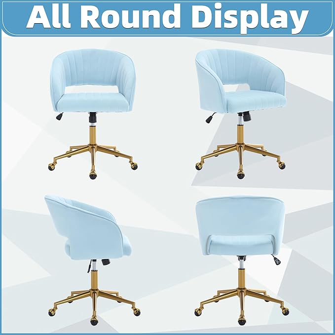 ABET Desk Chair with Wheels, Velvet Home Office Chair, Swivel Armchair Gold Base, Upholstered Modern Accent Chairs, Back Incline Adjustable for Living Room Bedroom Vanity, Light Blue