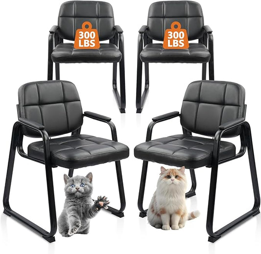 CLATINA Waiting Room Chairs No Wheels Set of 4, Stationary Leather Office Reception Guest Chair with Padded Arms and Sled Base for Elderly Desk Conference Room Lobby Table Side Salon