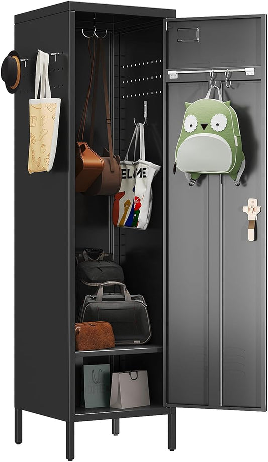 1 Door Metal Storage Locker with Handle and Hanging Rod,Metal Locker for Employees with Pegboard and Hooks for Gym, School, Office,Home,Garage,Grey,Assembly Required,Black