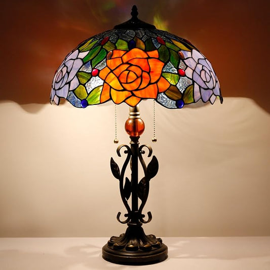 Tiffany Table Lamp Yellow Red Rose Flower Stained Glass Desk Reading Light 16X16X24 Inch Metal Leaf Base for Bedroom Living Room Home Office