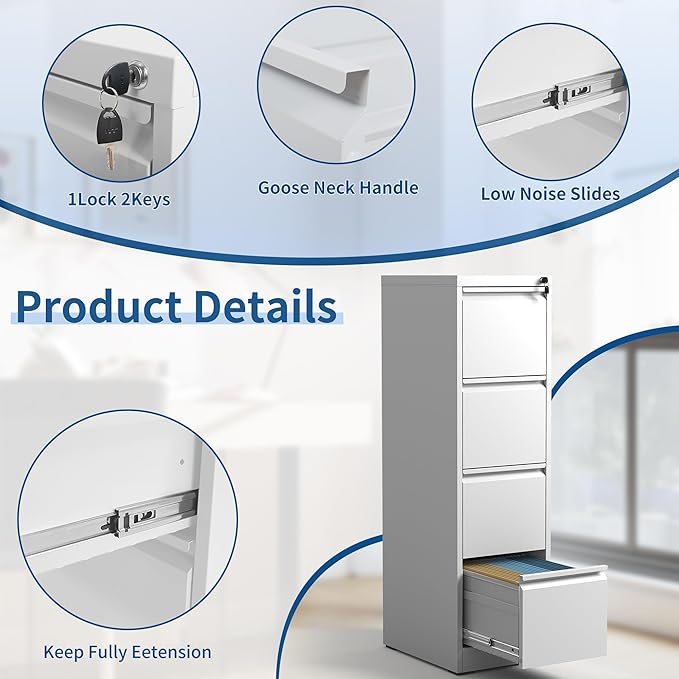 4-Drawer Locking Vertical File Cabinet, Metal Storage Cabinet for Office/Home – Secure Vertical Filing for Letter/Legal/A4/F4 Documents, Easy to Assemble Steel Cabinet (White, 4 Drawer-52 H)