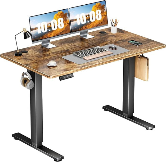 Sweetcrispy Electric Standing Desk Adjustable Height, 48x24 Inch Sit Stand Up Home Office Desks Computer Workstation PC Work Table with 3 Memory Preset Splice Wood Board Metal Frame, Rustic