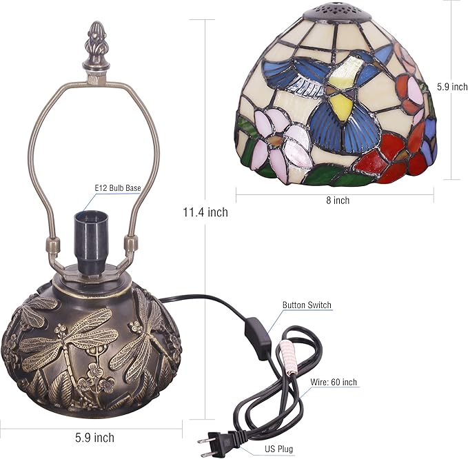 Small Tiffany Lamp Mini Stained Glass Table Lamp Hummingbird Style Mushroom Desk Light Memory Sympathy Lamp 8X11 Inch