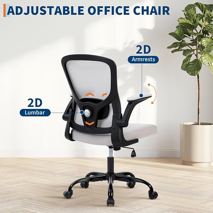 Office Chair – Ergonomic Desk Chair, Adjustable Lumbar Support, Flip-Up Armrests, Mesh Computer Desk Chair, Swivel Rolling Executive Gaming Chair for Home & Office (Gray)