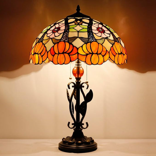Tiffany Table Lamp Yellow Flower Stained Glass Desk Reading Light 16X16X24 Inch Metal Leaf Base for Bedroom Living Room Home Office