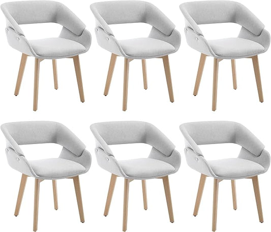 Home Office Desk Chair No Wheels Set of 6, Upholstered Linen Fabric Modern Accent Side Armchair with Wood Legs Hollow-Out Back, for Vanity Living Dining Room Bedroom, Grey
