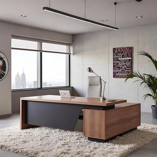 Retractable L-Shaped Executive Desk, Modern Office Desk with Drawers and Lateral File Cabinet, Large Computer Desk with Storage Shelves, Workstation for Home Office (Left Return, 86.6 - 94.5 IN)